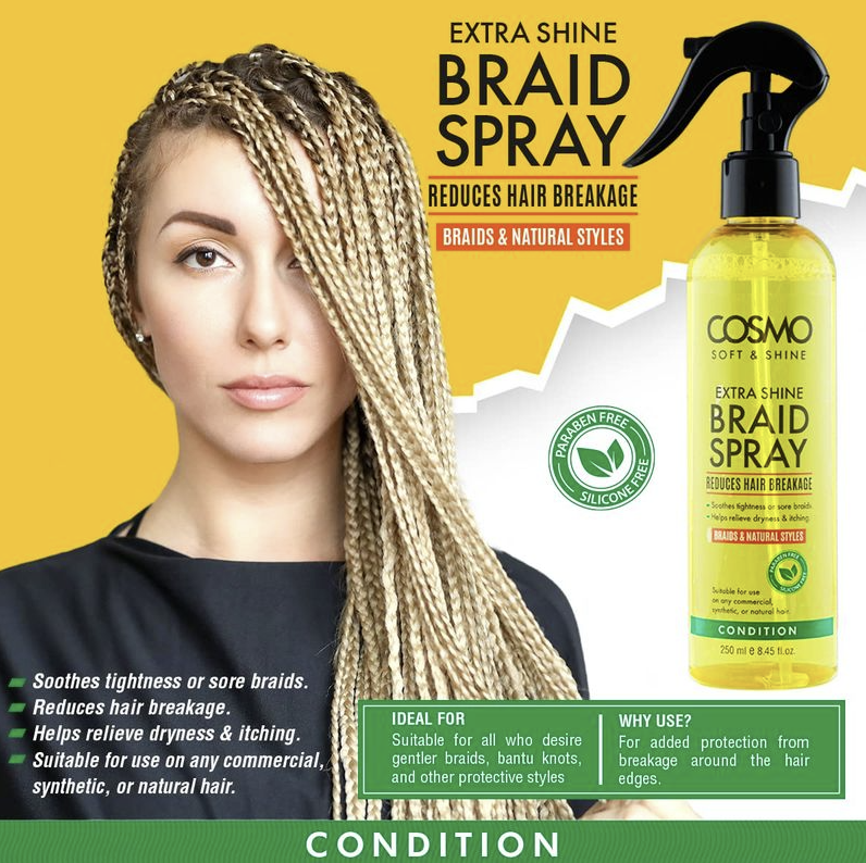 WHOLE SALE (48 PER CARTON)  BRAID SPRAY CONDITION -250ML COSMO SOFT & SHINE (ARABIC LABEL / BALIGH) (COSMO SERIES) [COM31116188]