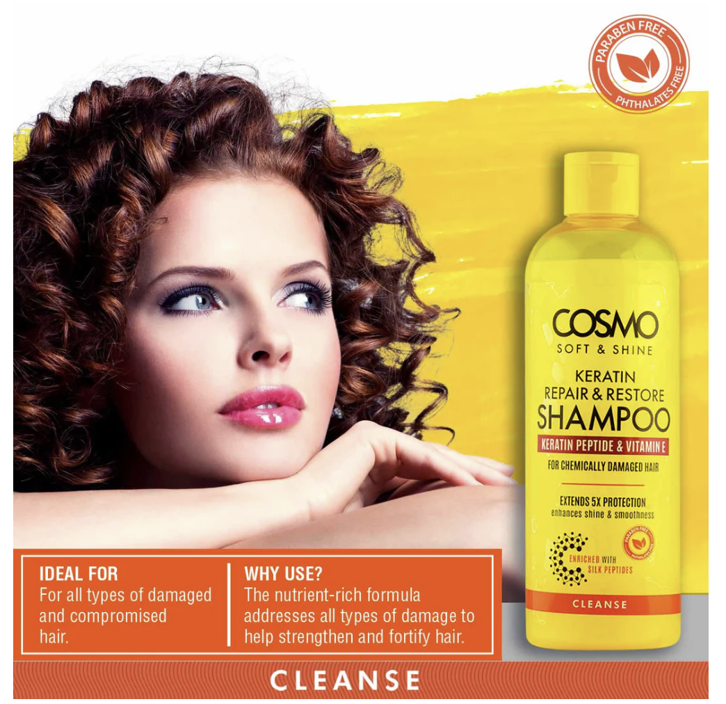 WHOLE SALE (24 PER CARTON)  KERATIN REPAIR &RESTORE SHAMPOO CLEANSE – 480ML COSMO SOFT & SHINE (COSMO SERIES) [COM33103341]