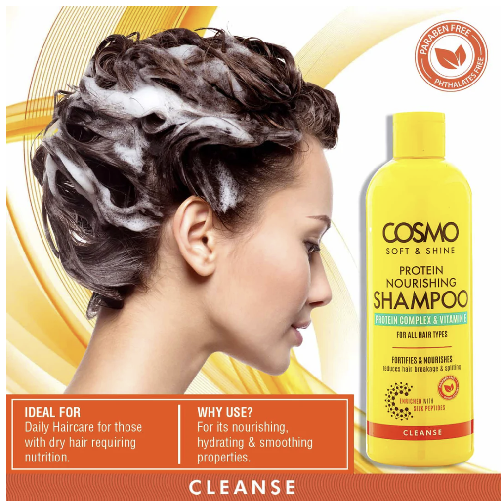 WHOLE SALE (24 PER CARTON)  PROTEIN NOURISHING SHAMPOO CLEANSE – 480ML COSMO SOFT & SHINE (ARABIC LABEL) (COSMO SERIES) COM33103366
